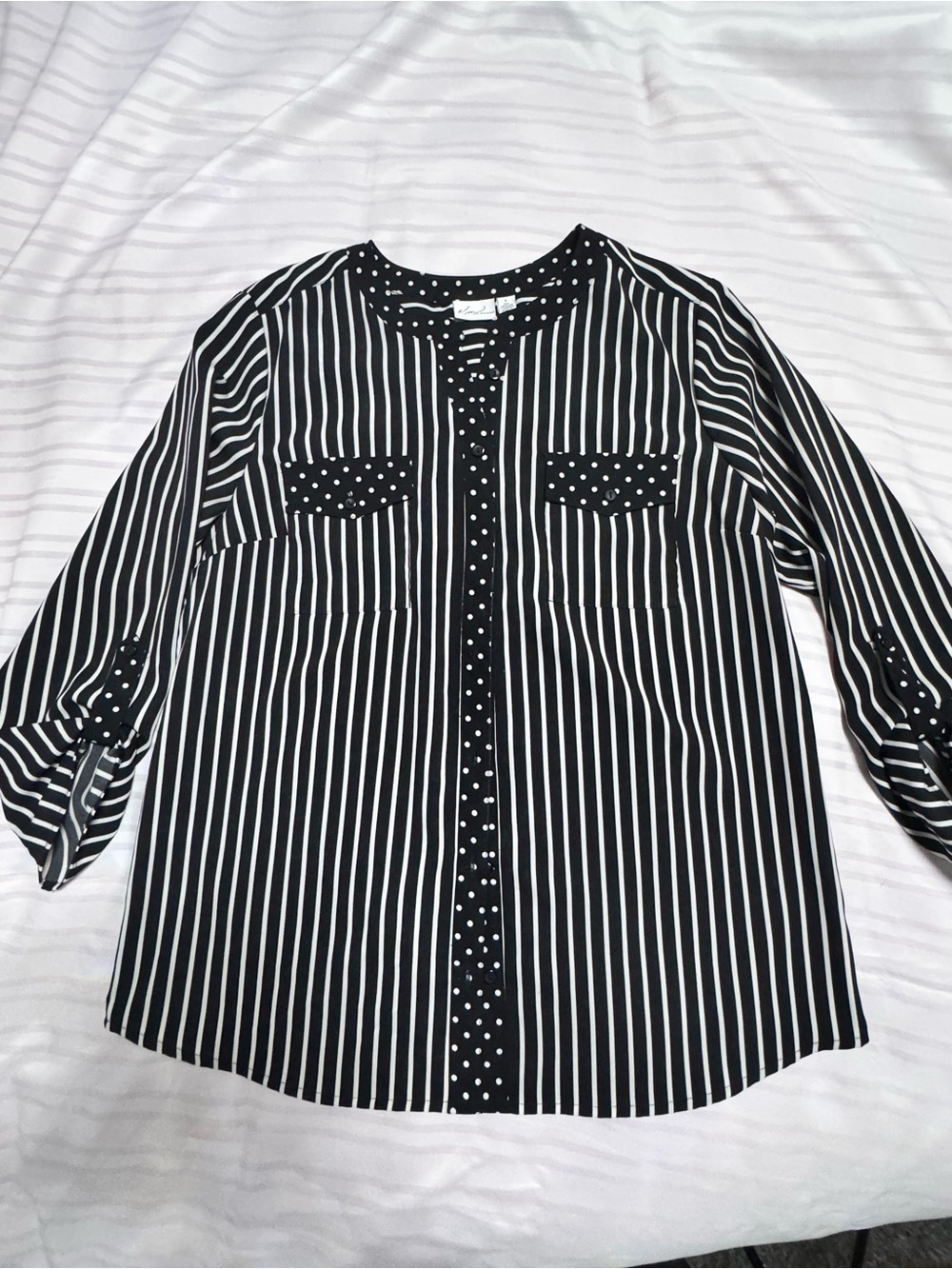 Kim Rogers Black and White Striped Blouse with Polka Dot Trim